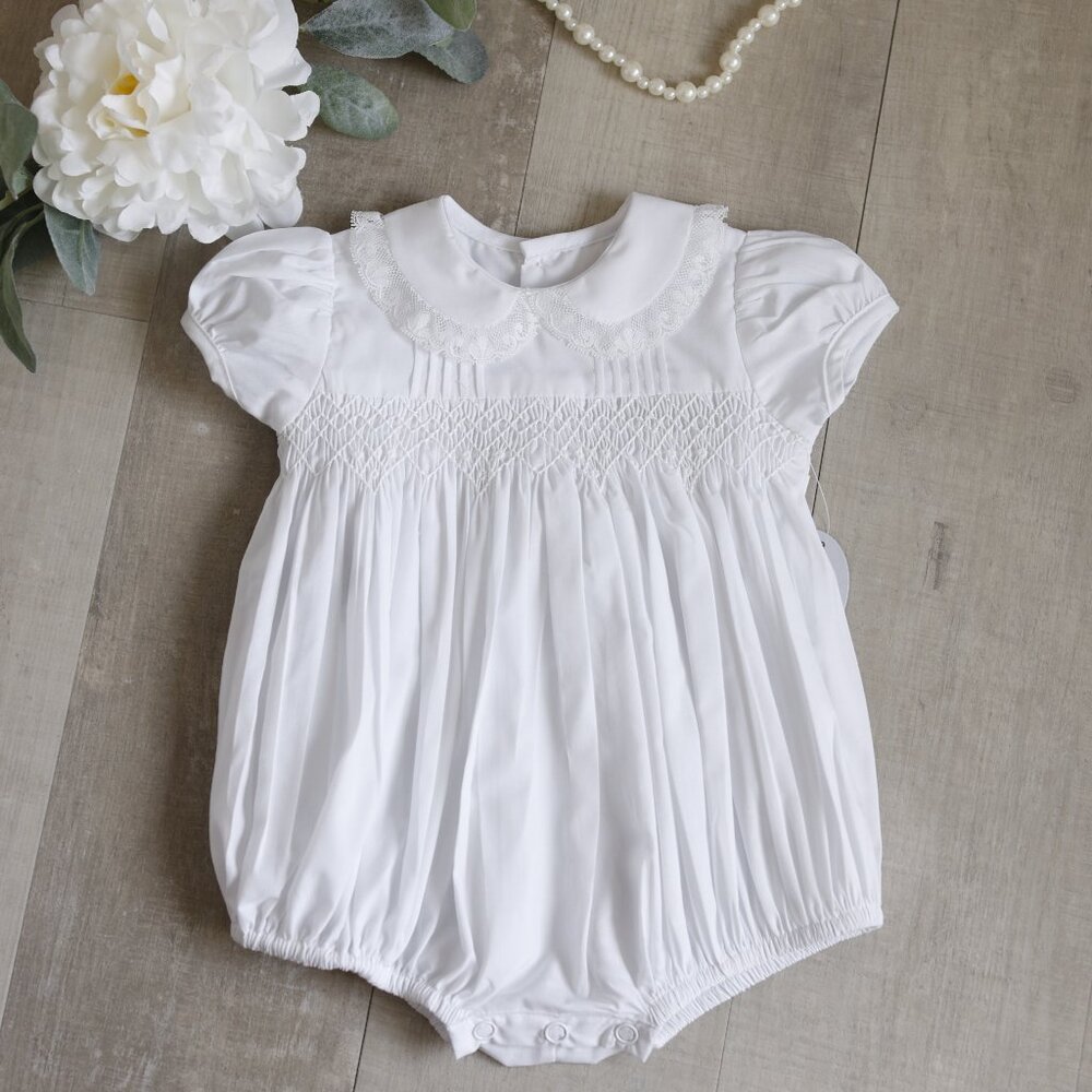 White Smocked Heirloom Romper Special Occasion PinTucks Lace First Portraits NWT